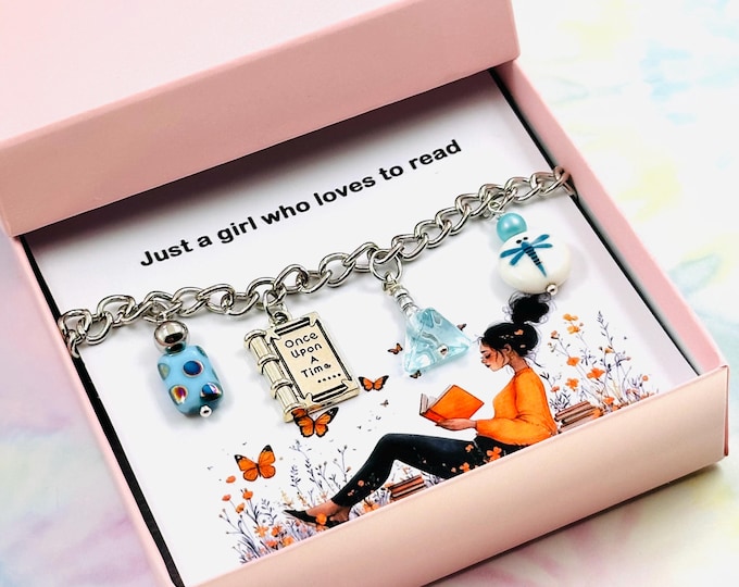 Book Lover Gift, Beaded Necklace for Girl Who Loves to Read, Gift for Her, Handmade Bookish Jewelry, Gift Box, Fairy Tale Charm Necklace