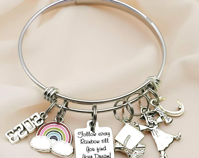 Graduation Charm Bracelet: Stainless Steel Bangle, Rainbow Theme