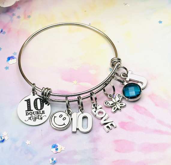 Personalized 10th Birthday Charm Bracelet, Double Digits Gift for