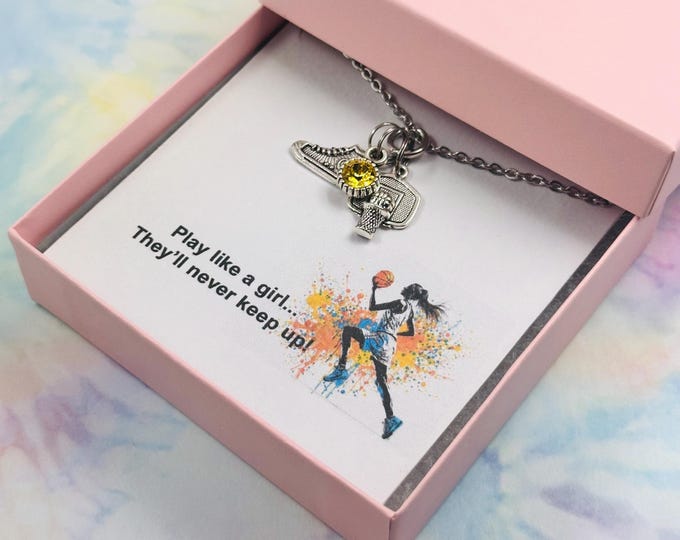 Basketball Player Necklace for Girl, Personalized Jewelry, Gift for Her, Initial Necklace, Birthstone Jewelry, Gift Boxed, Sports Jewelry