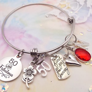 50th Birthday Charm Bracelet: Personalized Initial & Birthstone Jewelry