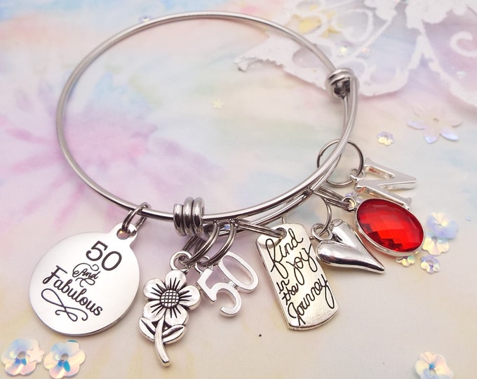 50th Birthday Gift for Women, Personalized Jewelry, Mom Charm Bracelet, Gift for Best Friend, Turning 50, Handmade Jewelry Gift for Her