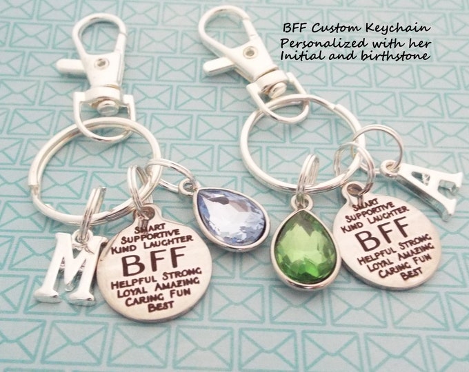 Best Friend Gift, BFF Custom Keychain, Birthday Bestie, Personalized Gift for Her, Silver Key Chain, Birthstone Gift, Initial Keychain