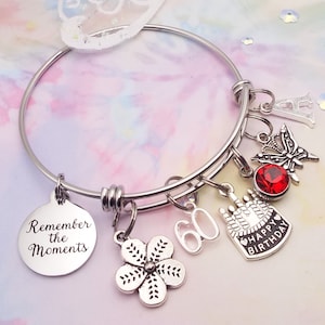 60th Birthday Charm Bracelet: Personalized Stainless Steel Bangle