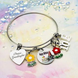 Granddaughter Birthday Charm Bracelet: Personalized Initial, Dog, Flower Jewelry