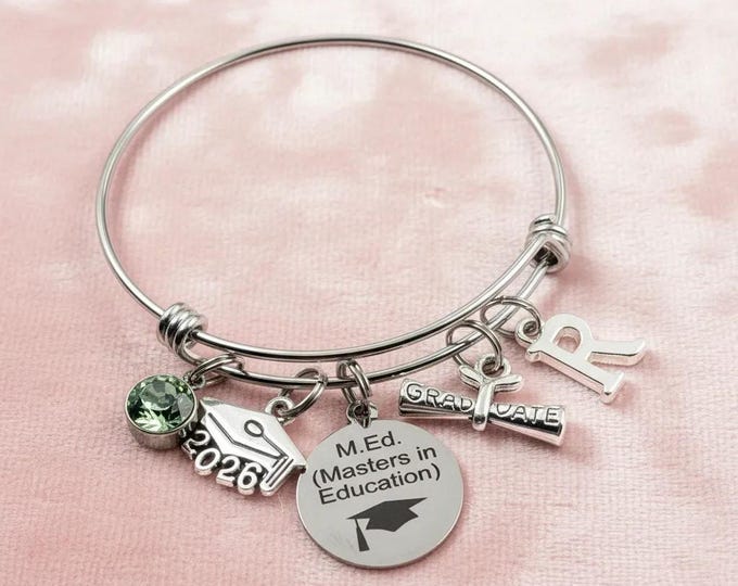 Masters in Education Graduation Charm Bracelet, Class of 2026, New Teacher Personalized Gift