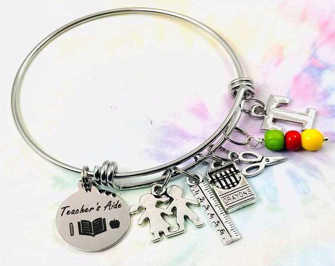 Teachers Aide Charm Bracelet, Student to School Teacher, Gift for Her, Thank You Gift, Personalized Initial Silver Jewelry, Crayons Charm