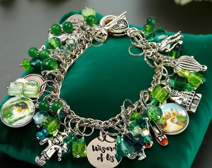 Wizard of Oz Charm Bracelet, Beaded Emerald City, Personalized Initial Jewelry, Women’s Birthday