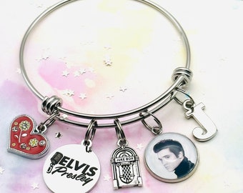 Elvis Presley Personalized Jewelry, Handmade Gift, Silver Initial Charm Bracelet, Birthstone Jewelry, Gift for Her, Birthday Gift for Women