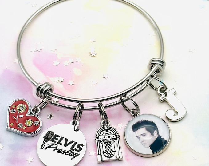 Elvis Presley Personalized Jewelry, Handmade Gift, Silver Initial Charm Bracelet, Birthstone Jewelry, Gift for Her, Birthday Gift for Women