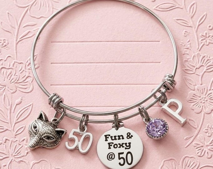 Fun and Foxy 50th Birthday Bracelet, Personalized Woman Wire Bangle