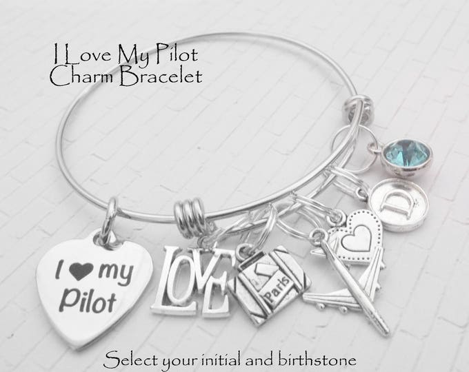 I Love My Pilot Charm Bracelet, Gift for Pilot's Wife, Personalized Gift, Gift for Her, Women's Jewelry, Stacking Bracelet, Handmade Gift