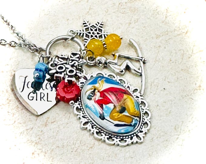 Skiing Necklace, Vintage Artwork, Gift for Skiers, Fearless Girl, Handmade Jewelry, Gifts for Her, Winter Jewelry, Valentines Gift