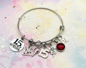 15th Birthday Charm Bracelet: Stainless Steel Bangle, Personalized Jewelry Gift
