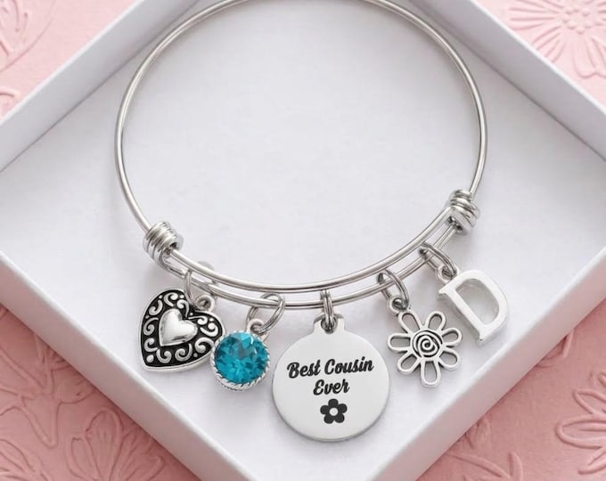 Personalized Best Cousin Ever Charm Bracelet, Stainless Steel Bangle, Custom Initial & Birthstone