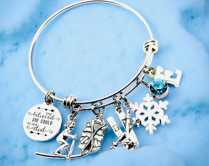 Ski Charm Bracelet Gift, Personalized Skier Jewelry with Birthstone and Initial