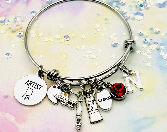 Gift for Artist, Gift Ideas for the Painter, Art Supplies Charm Bracelet, Initial Bracelet, Personalized Jewelry, Handmade Gifts for Her