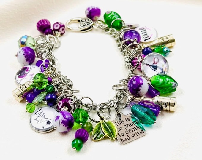 Personalized Wine Lover Charm Bracelet With Initial, Hand Beaded and Stainless Steel