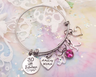 30th Birthday Gift for Woman | 30 Year Old Woman Charm Bracelet, Personalized Birthday | Gift for Her | Birthstone Jewelry |  Initial Bracel