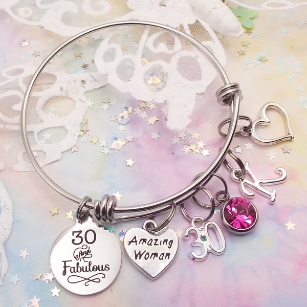 30th Birthday Gift for Woman | 30 Year Old Woman Charm Bracelet, Personalized Birthday | Gift for Her | Birthstone Jewelry |  Initial Bracel