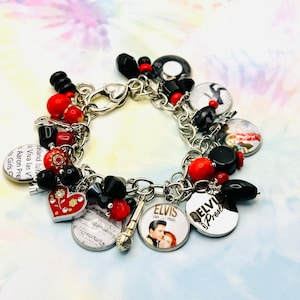 Elvis Presley Fan Charm Bracelet, Music Themed Personalized Jewelry, Gift for Her, Beaded Bracelet, Best Friend Gift, Handmade Jewelry