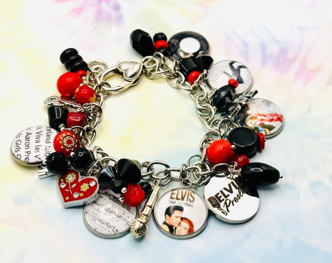 Elvis Presley Fan Charm Bracelet, Music Themed Personalized Jewelry, Gift for Her, Beaded Bracelet, Best Friend Gift, Handmade Jewelry