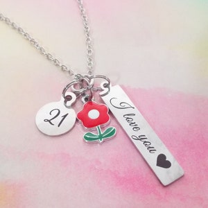 21st Birthday Necklace: Stainless Steel Charm with Enamel Flower