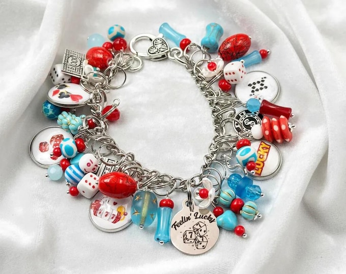 Lucky Lady Casino Charm Bracelet: Gambling Theme, Personalized Initial