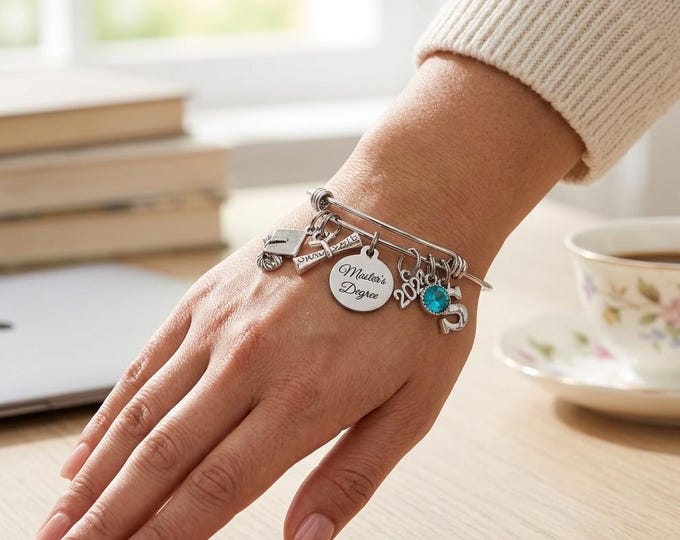Masters Degree Graduation Gift, Charm Bracelet Class of 2026, College Grad, Initial and Birthstone