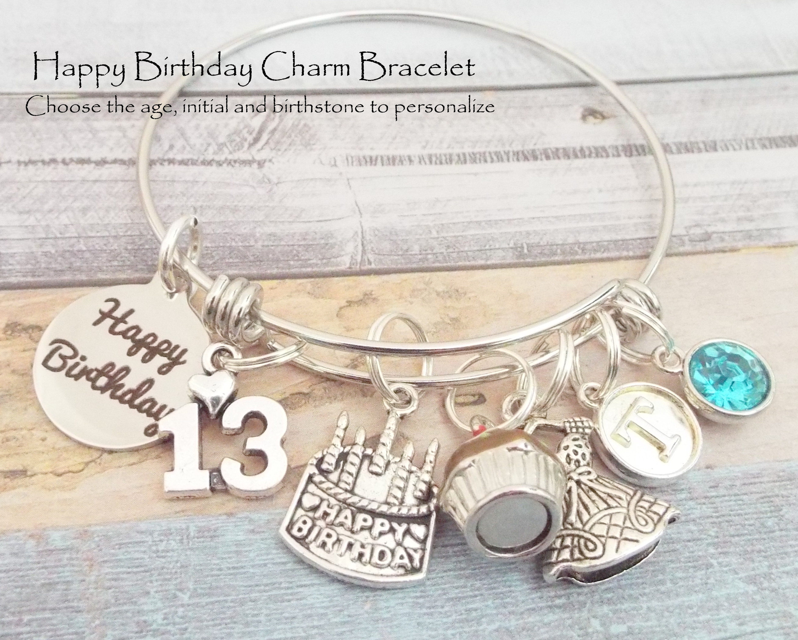Personalized 13th Birthday Girl Charm Bracelet, Gift for 13 Year Old