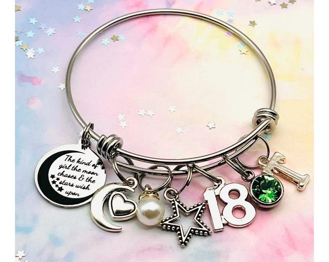 Girl's 18th Birthday Charm Bracelet, Gift for Her, Personalized Celestial Jewelry, Moon and the Stars, Celestial Themed Jewelry, Teen Girl