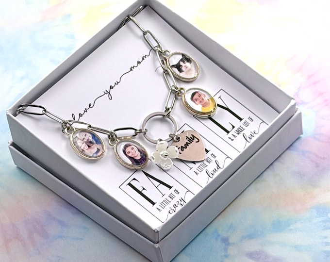 Custom Photo Charm Jewelry, Silver Family Portrait Necklace, Personalized Mother's Day Gift, Mom Birthday