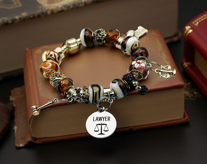 Lawyer Beaded Charm Bracelet, Graduation Gift, Personalized Silver Initial Jewelry, Gift Boxed