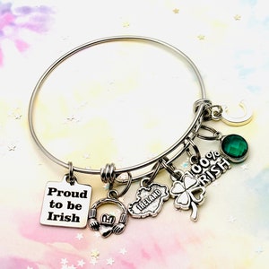 St Patrick&#39;s Day Charm Bracelet: Irish Claddagh, Shamrock, Personalized Initial