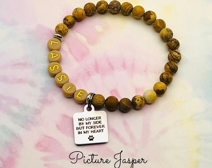 Custom Pet Charm Bracelet | Pet Memorial Bracelet | Sympathy Gift for Loss of Pet | Picture Jasper Bracelet  Gift | Gift for Loss of Dog Cat