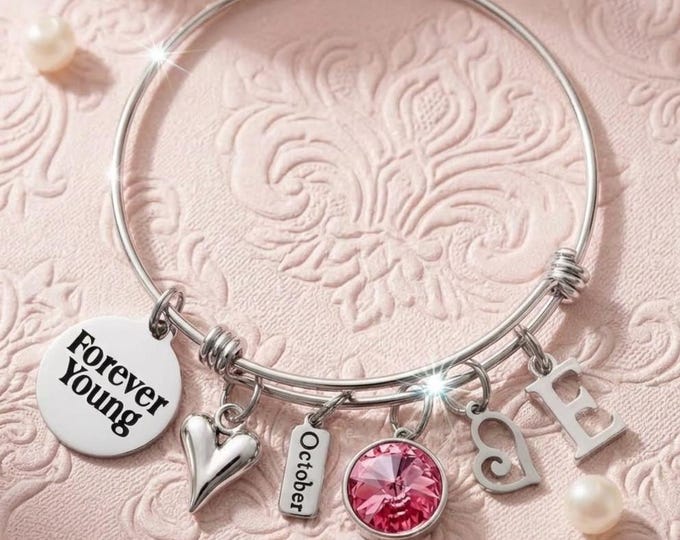 Forever Young Bangle, Custom October Birthstone Bracelet, Birthday Gift for Woman Friend