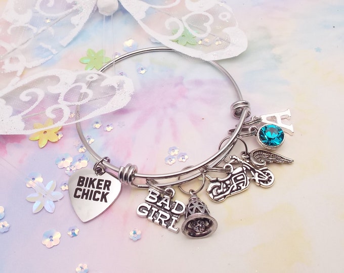 Biker Chick Charm Bracelet, Womens Biker Jewelry, Biker Bell Charm, Handmade Jewelry for Bikers, Personalized Gifts, Motorcycle Charms