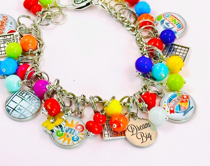 Custom Lucky Bingo Charm Bracelet, Personalized Initial, Colorful Beaded Jewelry