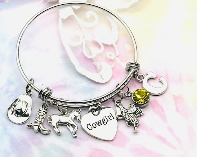 Gift Ideas for Cowgirl, Horse Lover Charm Bracelet, Equestrian Initial Bracelet,