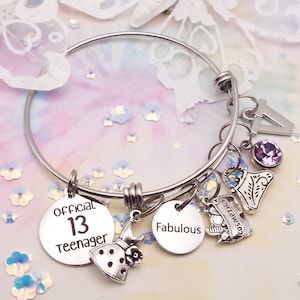 Personalized 13th Birthday Charm Bracelet: Silver Initial, Birthstone Jewelry