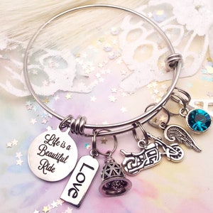 Biker Chick Jewelry | Motorcycle Jewelry | Biker Bitch Charm Bracelet Gift| Crystal Birthstone Jewelry | Personalized Gift |  Custom Gift