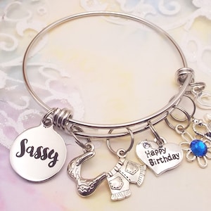 Sassy Charm Bracelet: Stainless Steel Bangle, Initial & Birthstone
