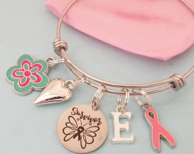 Breast Cancer Survivor Gift, Charm Bracelet, Pink Ribbon Jewelry, Gift for Her, Stackable Bracelet, Layering Jewelry, Best Friend Gift Girl