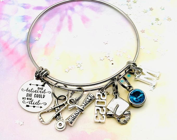 Nurse Graduation Gift, 2023 Nursing School Graduation Charm Bracelet, College Graduate Bracelet, Personalized Gift for Her, Handmade Jewelry