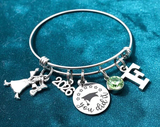 2026 Graduation Gift for Her, Personalized Charm Bracelet with Diploma and Grad Cap, Senior Class Jewelry