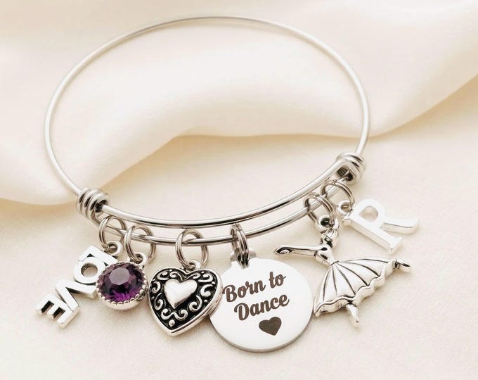 Personalized Dance Charm Bracelet: Initial & Birthstone, Stainless Steel