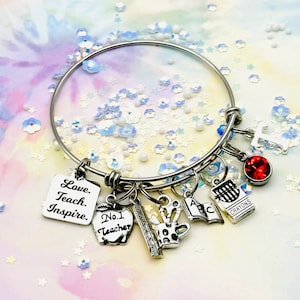 Teacher Retirement Charm Bracelet: Personalized Initial, Birthstone Jewelry