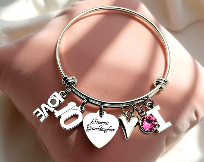 Granddaughter Birthstone Bangle: Personalized Initial Charm Bracelet