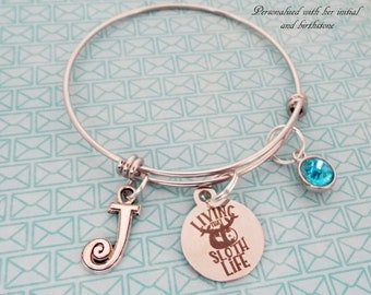 Sloth Charm Bracelet, Birthday Girl,  Personalized Gift, Birthstone Jewelry, Initial Bracelet, Custom Jewelry, Birthday Gift, Gift for Her