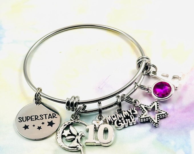 Personalized Birthday Gift, Celestial Birthstone Jewelry, Superstar Charm Bracelet With Initial, Moon and Stars Charm,